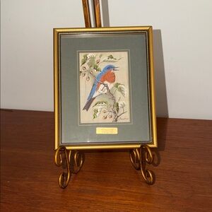 Vintage genuine woven silk and rayon picture featuring an Eastern bluebird